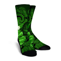 Hawaiian Map Big Turtle Hibiscus Plumeria Tribal Polynesian Crew Socks - Green - AH - Polynesian Pride