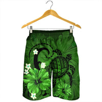 Hawaiian Map Big Turtle Hibiscus Plumeria Tribal Polynesian Men's Shorts - Green - AH - Polynesian Pride