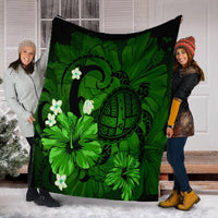 Hawaiian Map Big Turtle Hibiscus Plumeria Tribal Polynesian Premium Blankets - Green - AH - Polynesian Pride