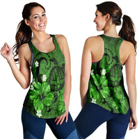 Hawaiian Map Big Turtle Hibiscus Plumeria Tribal Polynesian Racerback Tank - Green - AH Black - Polynesian Pride