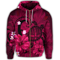 Hawaiian Map Big Turtle Hibiscus Plumeria Tribal Polynesian Zip Hoodie Pink - Polynesian Pride