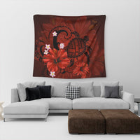 Hawaiian Map Big Turtle Hibiscus Plumeria Tribal Polynesian Tapestry - Red - AH - Polynesian Pride