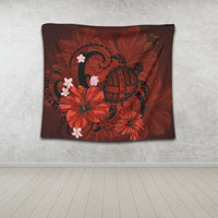 Hawaiian Map Big Turtle Hibiscus Plumeria Tribal Polynesian Tapestry - Red - AH - Polynesian Pride