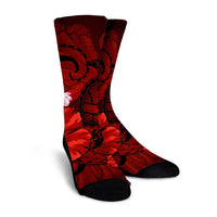 Hawaiian Map Big Turtle Hibiscus Plumeria Tribal Polynesian Crew Socks - Red - AH - Polynesian Pride