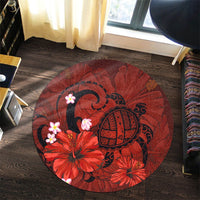 Hawaiian Map Big Turtle Hibiscus Plumeria Tribal Polynesian Round Carpet - Red - AH - Polynesian Pride