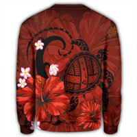 Hawaiian Map Big Turtle Hibiscus Plumeria Tribal Polynesian Sweatshirt - Red - AH - Polynesian Pride