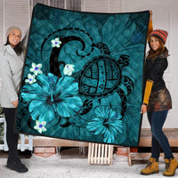 Hawaiian Map Big Turtle Hibiscus Plumeria Tribal Polynesian Premium Quilts - Turquoise - AH - Polynesian Pride