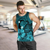 Hawaiian Map Big Turtle Hibiscus Plumeria Tribal Polynesian Tank Top - Turquoise - AH - Polynesian Pride