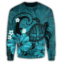Hawaiian Map Big Turtle Hibiscus Plumeria Tribal Polynesian Sweatshirt - Turquoise - AH - Polynesian Pride
