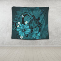 Hawaiian Map Big Turtle Hibiscus Plumeria Tribal Polynesian Tapestry - Turquoise - AH - Polynesian Pride