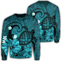 Hawaiian Map Big Turtle Hibiscus Plumeria Tribal Polynesian Sweatshirt - Turquoise - AH Unisex Black - Polynesian Pride