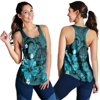 Hawaiian Map Big Turtle Hibiscus Plumeria Tribal Polynesian Racerback Tank - Turquoise - AH Black - Polynesian Pride