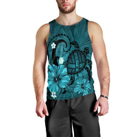 Hawaiian Map Big Turtle Hibiscus Plumeria Tribal Polynesian Tank Top - Turquoise - AH Black - Polynesian Pride