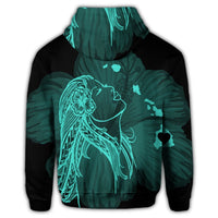 Hawaiian Map Heart Hula Girl Hibiscus Turquoise Polynesian Zip Hoodie - Polynesian Pride
