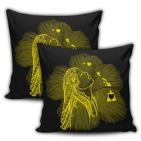 Hawaiian Map Heart Hula Girl Hibiscus Yellow Polynesian Pillow Covers - AH - Polynesian Pride