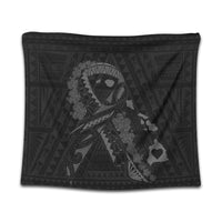 Hawaiian Map Heart Ribbon Cancer Hibiscus Gray Polynesian Tapestry - AH Wall Tapestry Black - Polynesian Pride