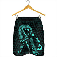 Hawaiian Map Heart Ribbon Cancer Hibiscus Turquoise Polynesian Men's Shorts - AH - Polynesian Pride