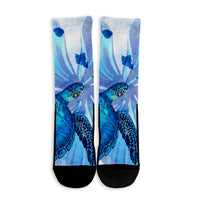 Hawaiian Map Hibiscus Flower Turtle Polynesian Crew Socks Blue - AH - Polynesian Pride