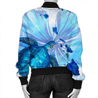 Hawaiian Map Hibiscus Flower Turtle Polynesian Bomber Jacket Blue - AH - Polynesian Pride