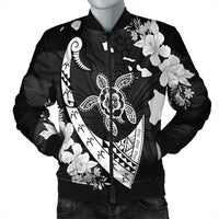 Hawaiian Map Hibiscus Turtle Fish Hook Polynesian Bomber Jacket - AH Black Unisex - Polynesian Pride