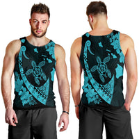 Hawaiian Map Hibiscus Turtle Fish Hook Polynesian Tank Top Blue - AH - Polynesian Pride