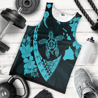 Hawaiian Map Hibiscus Turtle Fish Hook Polynesian Tank Top Blue - AH - Polynesian Pride
