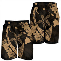 Hawaiian Map Hibiscus Turtle Fish Hook Polynesian Men's Shorts Gold - AH - Polynesian Pride
