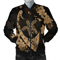 Hawaiian Map Hibiscus Turtle Fish Hook Polynesian Bomber Jacket Gold - AH Black Unisex - Polynesian Pride