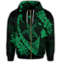 Hawaiian Map Hibiscus Turtle Fish Hook Polynesian Zip Hoodie Green - Polynesian Pride