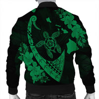 Hawaiian Map Hibiscus Turtle Fish Hook Polynesian Bomber Jacket Green - AH - Polynesian Pride