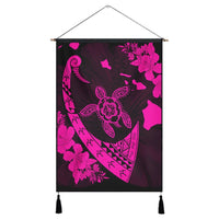 Hawaiian Map Hibiscus Turtle Fish Hook Polynesian Hanging Poster Pink - AH Hanging Poster Cotton And Linen - Polynesian Pride