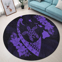 Hawaiian Map Hibiscus Turtle Fish Hook Polynesian Round Carpet Purple - AH - Polynesian Pride