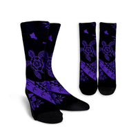 Hawaiian Map Hibiscus Turtle Fish Hook Polynesian Crew Socks Purple - AH Crew Socks White - Polynesian Pride