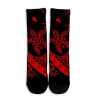 Hawaiian Map Hibiscus Turtle Fish Hook Polynesian Crew Socks Red - AH - Polynesian Pride