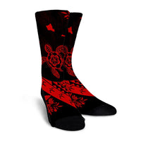 Hawaiian Map Hibiscus Turtle Fish Hook Polynesian Crew Socks Red - AH - Polynesian Pride