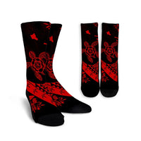 Hawaiian Map Hibiscus Turtle Fish Hook Polynesian Crew Socks Red - AH Crew Socks White - Polynesian Pride