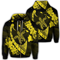 Hawaiian Map Hibiscus Turtle Fish Hook Polynesian Zip Hoodie Yellow Unisex Art - Polynesian Pride