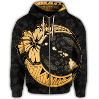 Hawaiian Map Hibiscus Turtle Polynesian Moon Zip Hoodie Gold - Polynesian Pride