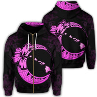 Hawaiian Map Hibiscus Turtle Polynesian Moon Zip Hoodie Pink Unisex Art - Polynesian Pride