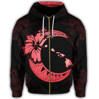 Hawaiian Map Hibiscus Turtle Polynesian Moon Zip Hoodie Red - Polynesian Pride
