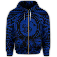 Hawaiian Map Honu Hibiscus Tropic Blue Polynesian Zip Hoodie - Polynesian Pride