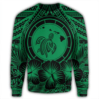 Hawaiian Map Honu Hibiscus Tropic Green Polynesian Sweatshirt - AH - Polynesian Pride