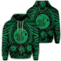 Hawaiian Map Honu Hibiscus Tropic Green Polynesian Zip Hoodie Unisex Art - Polynesian Pride