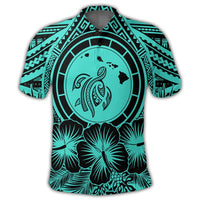 Hawaiian Map Honu Hibiscus Tropic Turquoise Polynesian Polo Shirt - Polynesian Pride