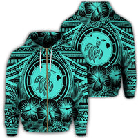 Hawaiian Map Honu Hibiscus Tropic Turquoise Polynesian Zip Hoodie Unisex Art - Polynesian Pride