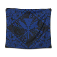 Hawaiian Map Kanaka Hibiscus Blue Polynesian Tapestry - AH Wall Tapestry Black - Polynesian Pride