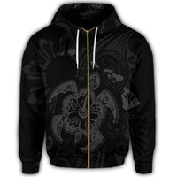 Hawaiian Map Kanaka Hibiscus Turtle Gray Polynesian Zip Hoodie - Polynesian Pride
