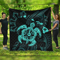 Hawaiian Map Kanaka Hibiscus Turtle Turquoise Polynesian Premium Quilts - AH Black - Polynesian Pride