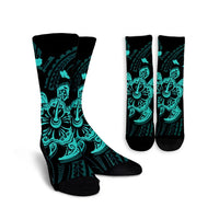 Hawaiian Map Kanaka Hibiscus Turtle Turquoise Polynesian Crew Socks - AH Crew Socks White - Polynesian Pride