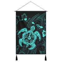 Hawaiian Map Kanaka Hibiscus Turtle Turquoise Polynesian Hanging Poster - AH Hanging Poster Cotton And Linen - Polynesian Pride